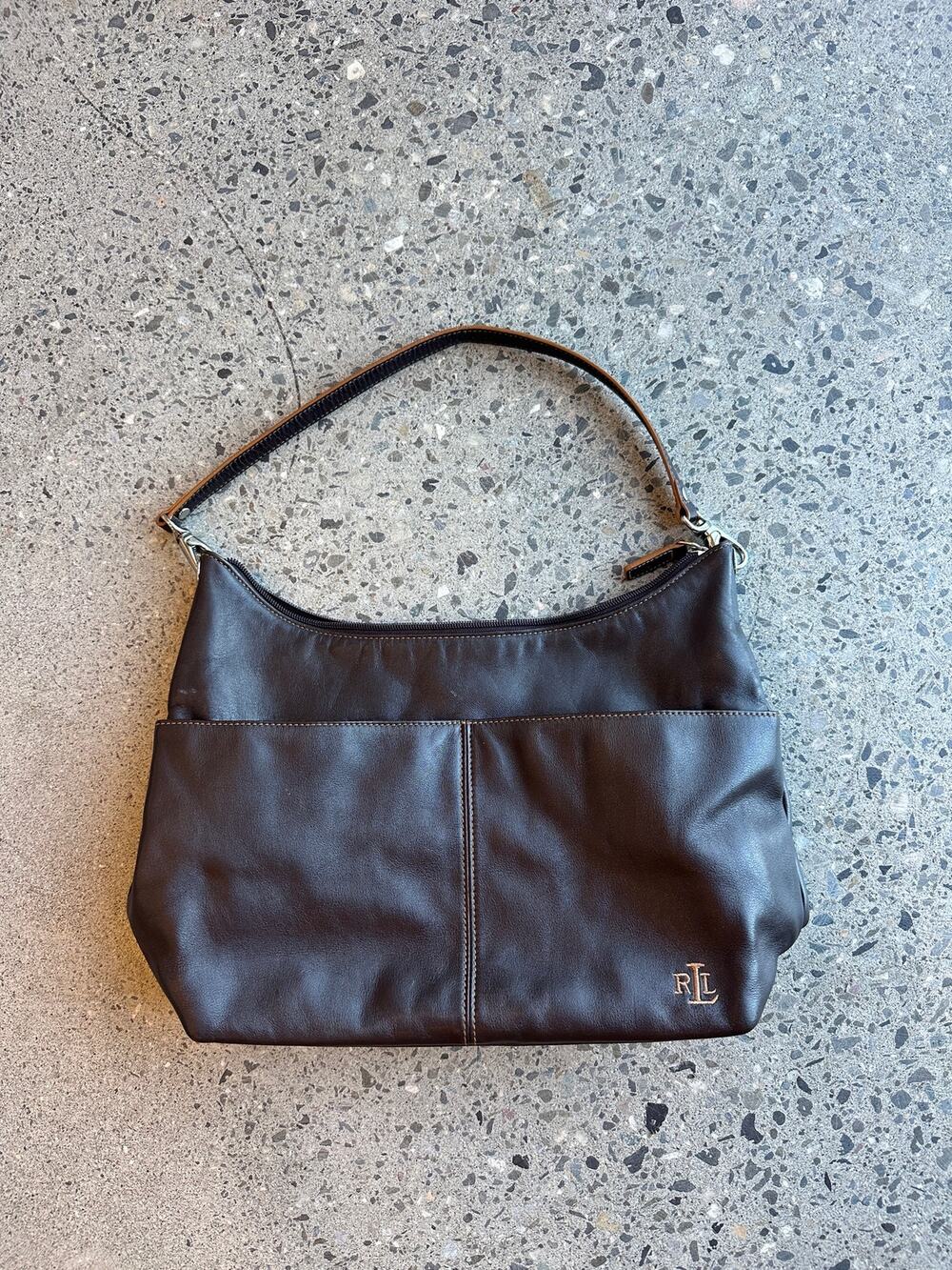 Lauren Ralph Lauren Brown Leather Shoulder Bag Y2K Hobo Purse Silver Details